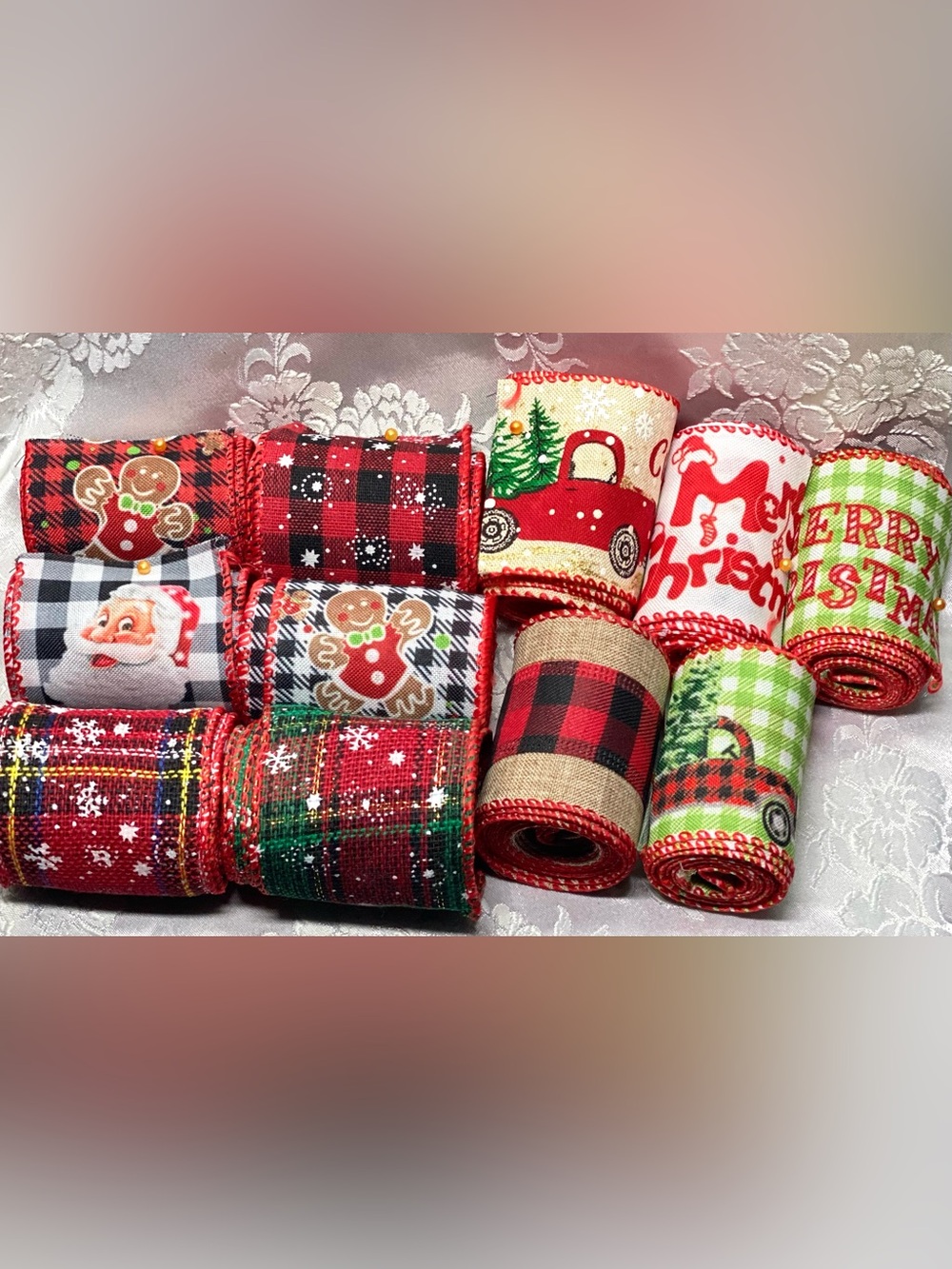 11 Roll Christmas Wired Ribbon Lot Buffalo Plaid Santa Gingerbread Farmhouse